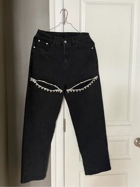 Black Straight-Leg Women's Jeans with Rhinestone Trim